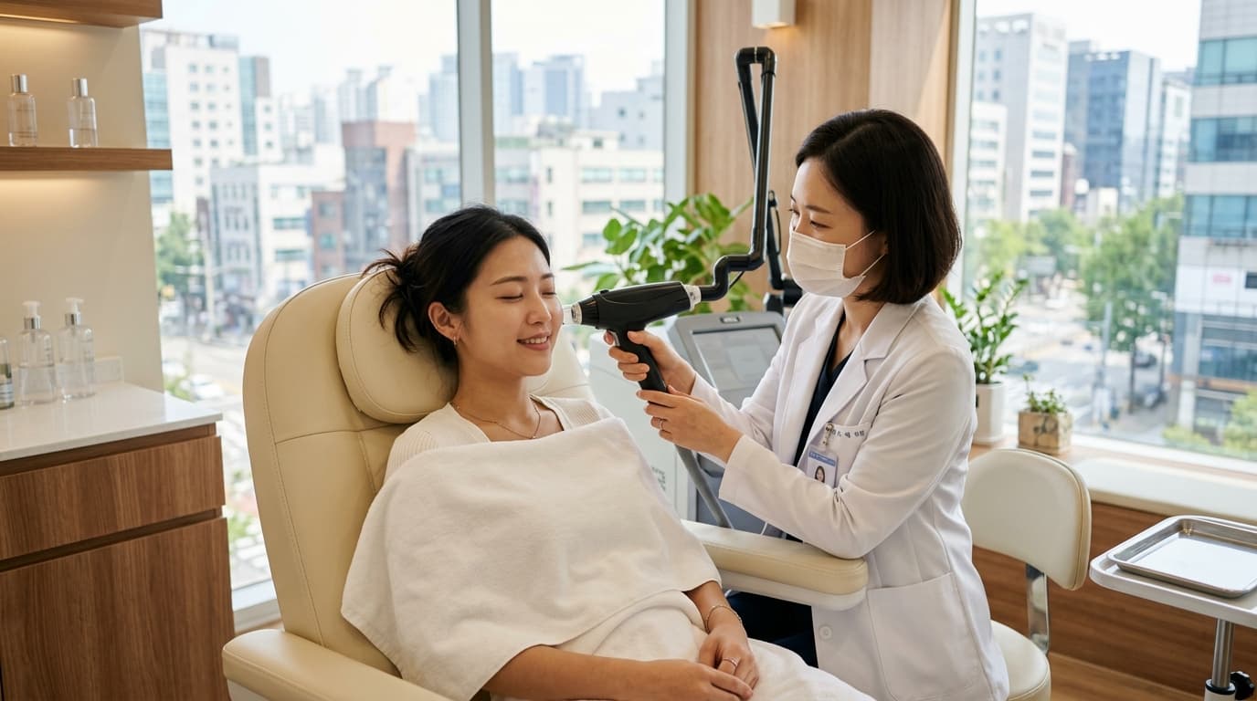 台灣女生在首爾皮膚科診所接受雷射除斑治療,環境明亮舒適