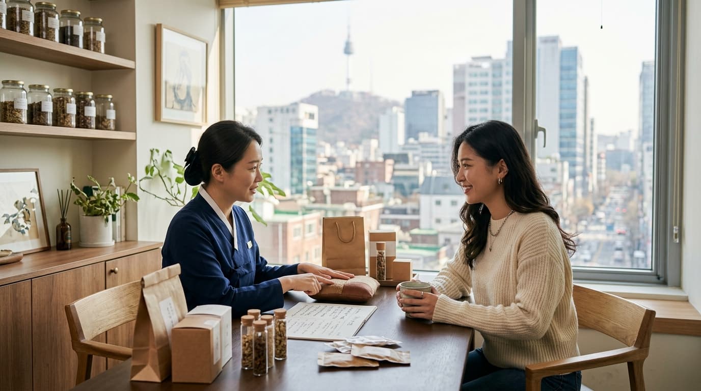 台灣女生在首爾現代韓方診所諮詢減肥中藥,窗外可見市景