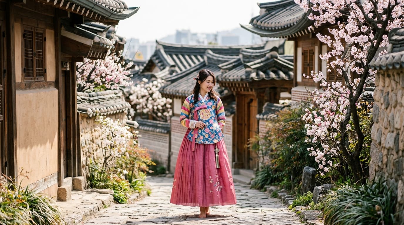 穿著韓服的台灣女生站在北村韓屋村巷弄拍照