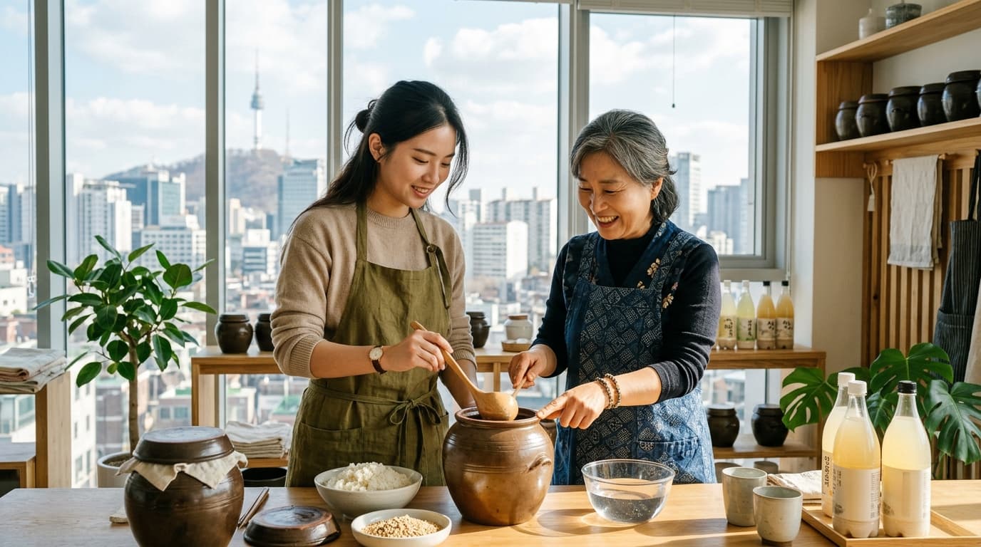 台灣年輕女性在首爾現代釀酒教室體驗馬格利釀造