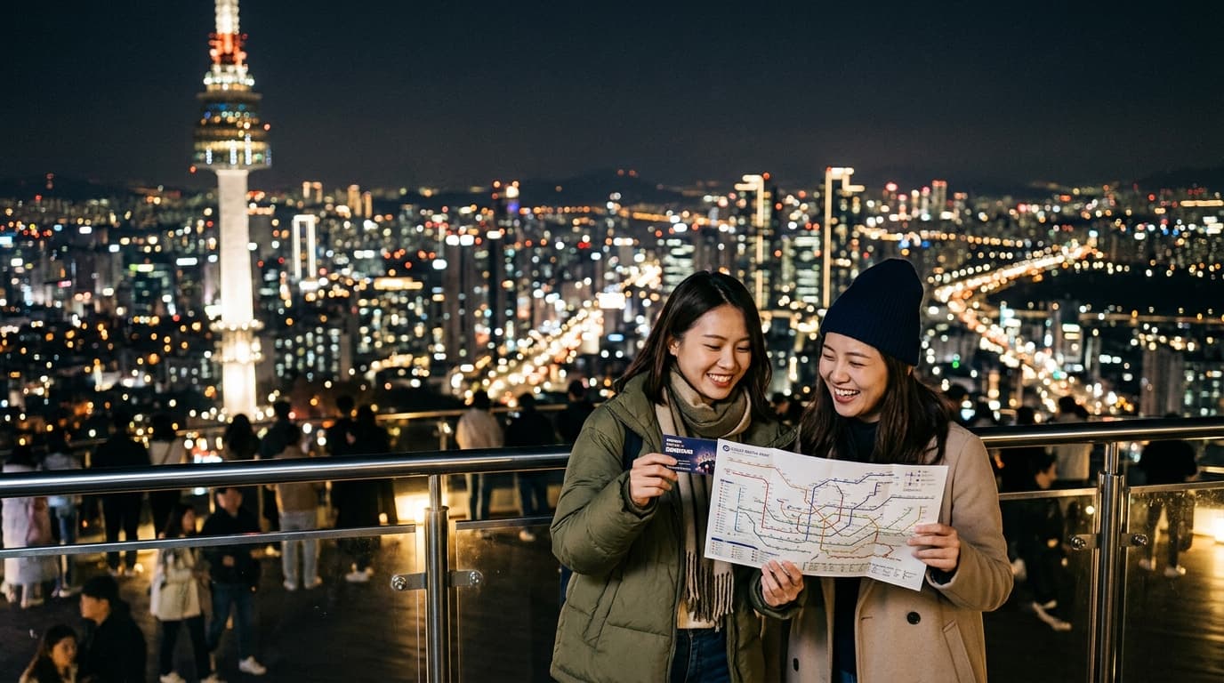 兩位台灣女生手持地鐵地圖和門票,在南山塔夜景觀景台俯瞰首爾市區