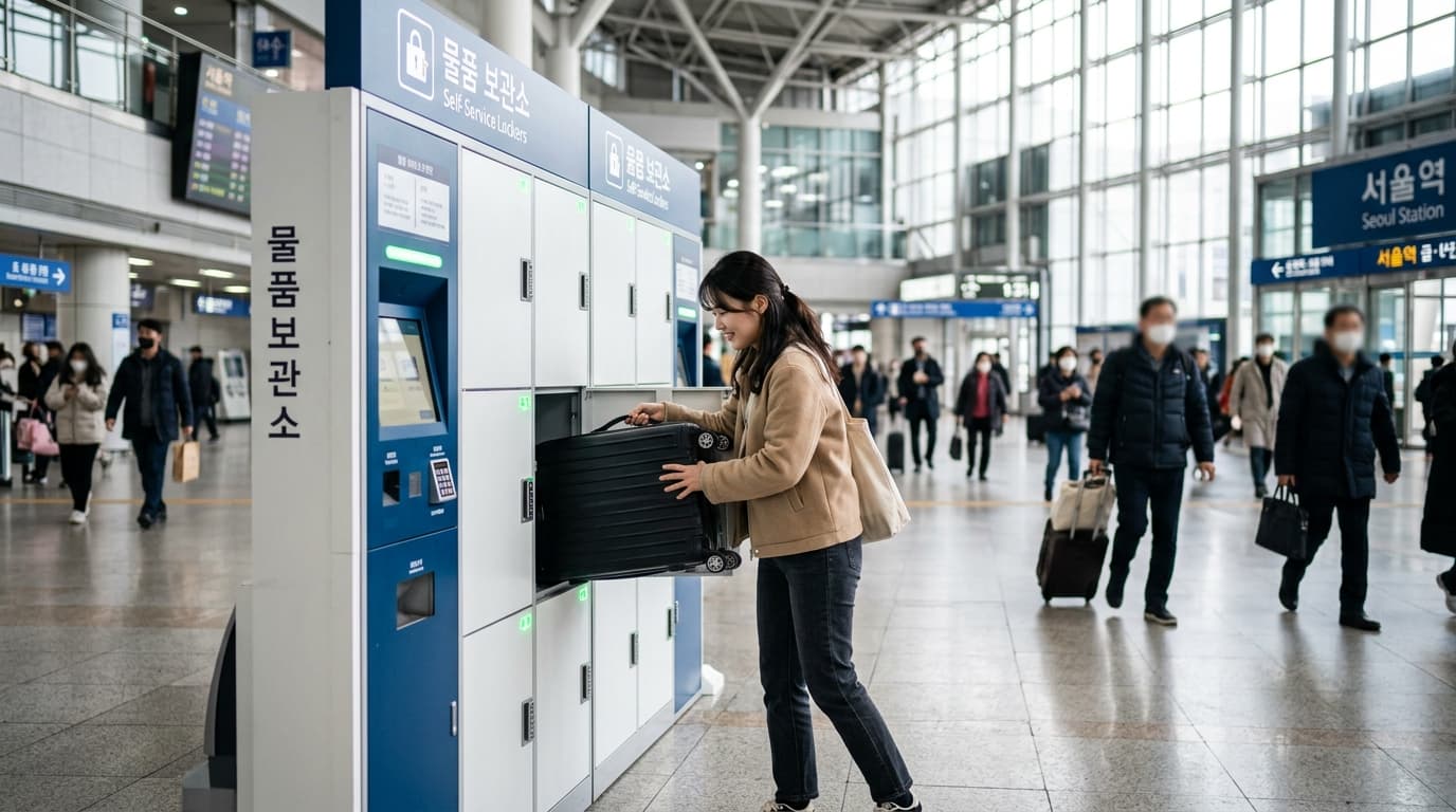 首爾車站內,一位年輕女性正在自助寄物櫃放行李