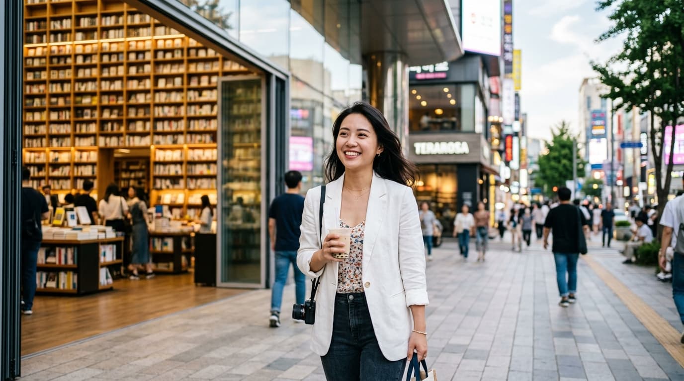 台灣女生在首爾COEX星空圖書館外愉快遊玩,背景有明洞街頭與咖啡館