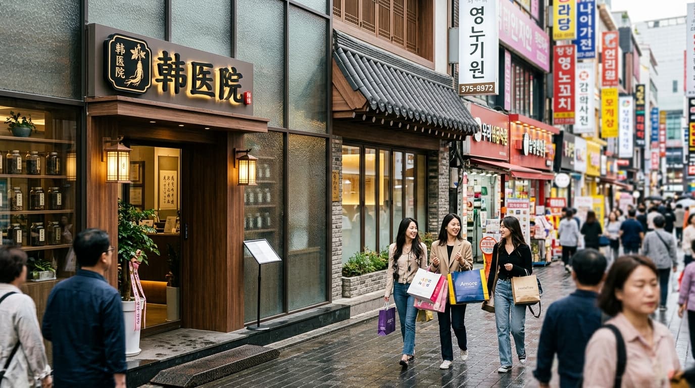 首爾明洞街頭,年輕女性旅客經過現代韓醫院外觀