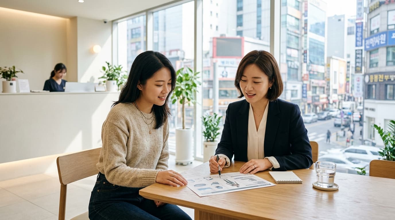 台灣女生在首爾明亮診所與韓國諮詢師討論骨架分析圖
