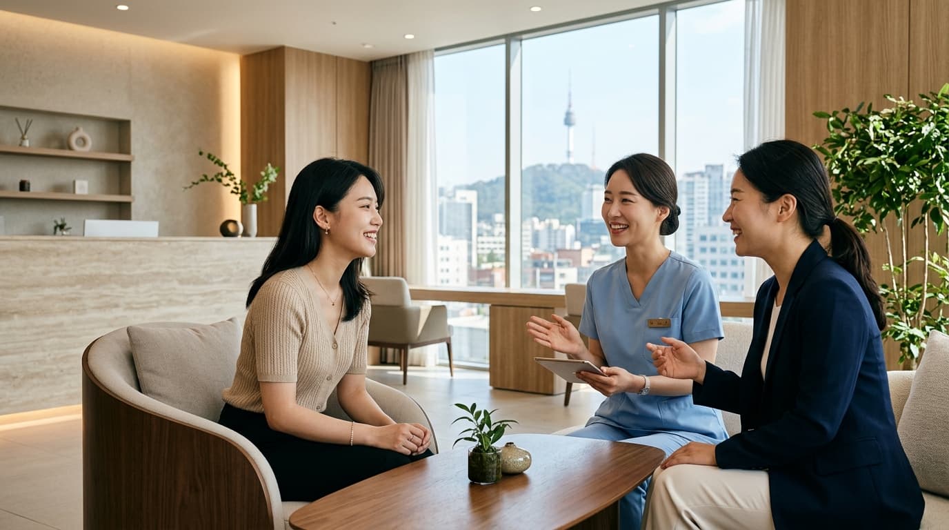 台灣女生在首爾醫美診所諮詢鼻整形,旁有韓國醫護與中文翻譯協助