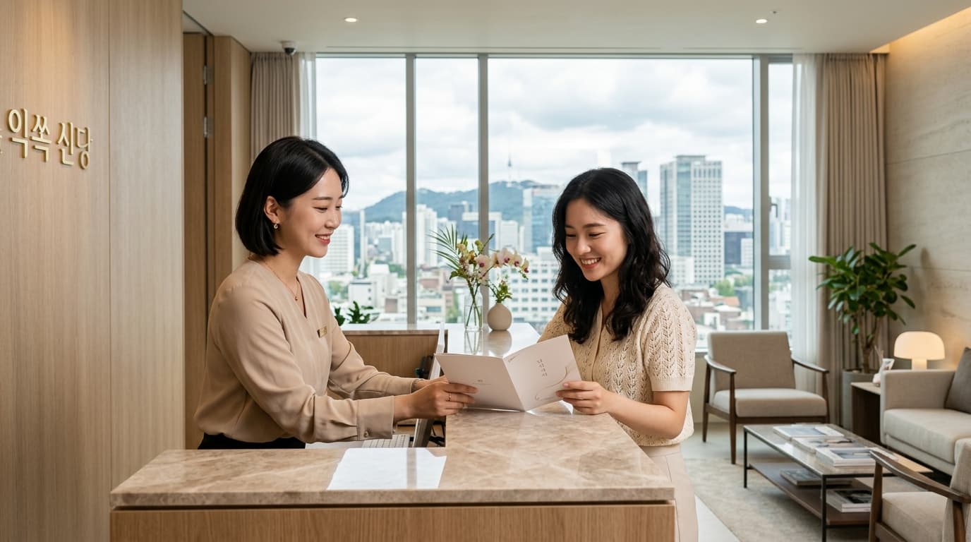 韓國醫美診所接待大廳,台灣女性與櫃檯人員微笑交流