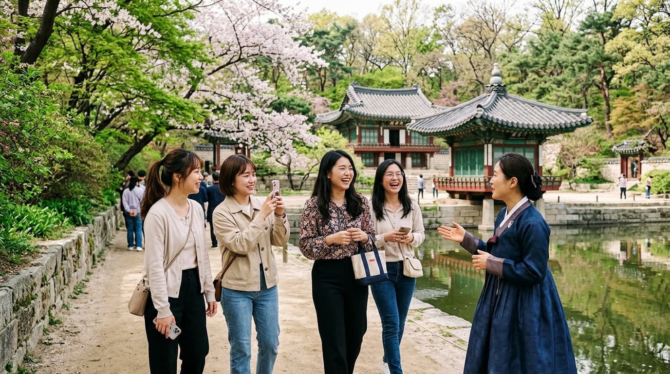台灣女生在昌德宮後苑花園中參觀拍照,背景有韓國宮殿建築