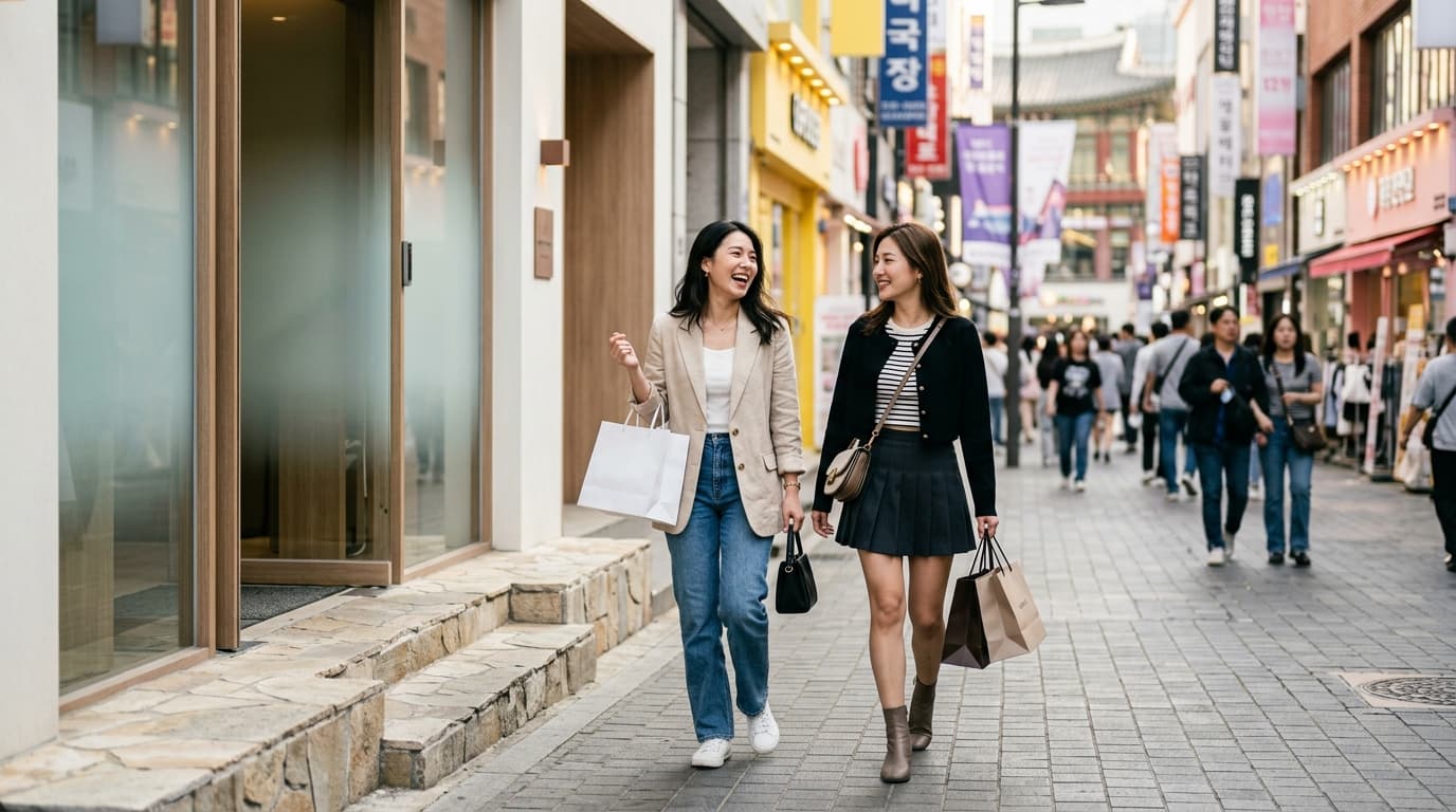 兩位時髦台灣女生走出首爾明洞醫美診所,手拿購物袋神情愉快