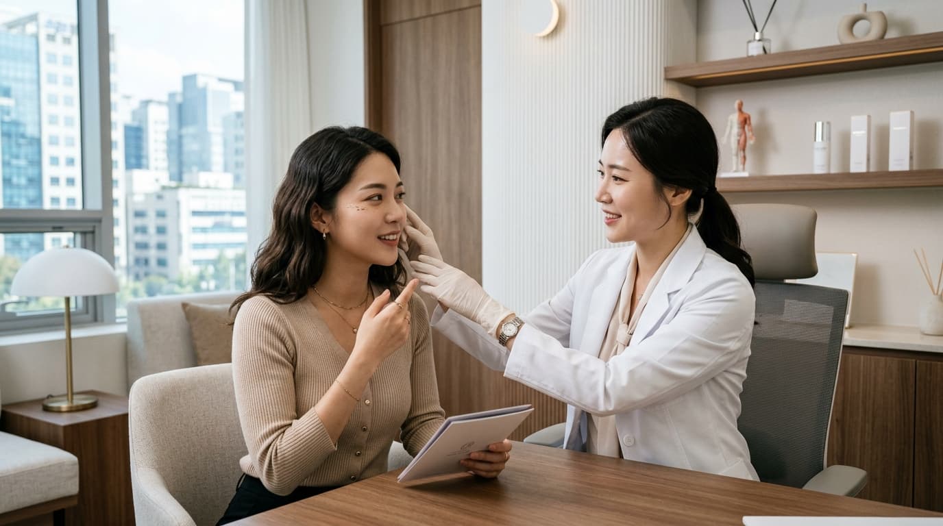 台灣女生在首爾時尚醫美診所諮詢鳳眼針療程的情景