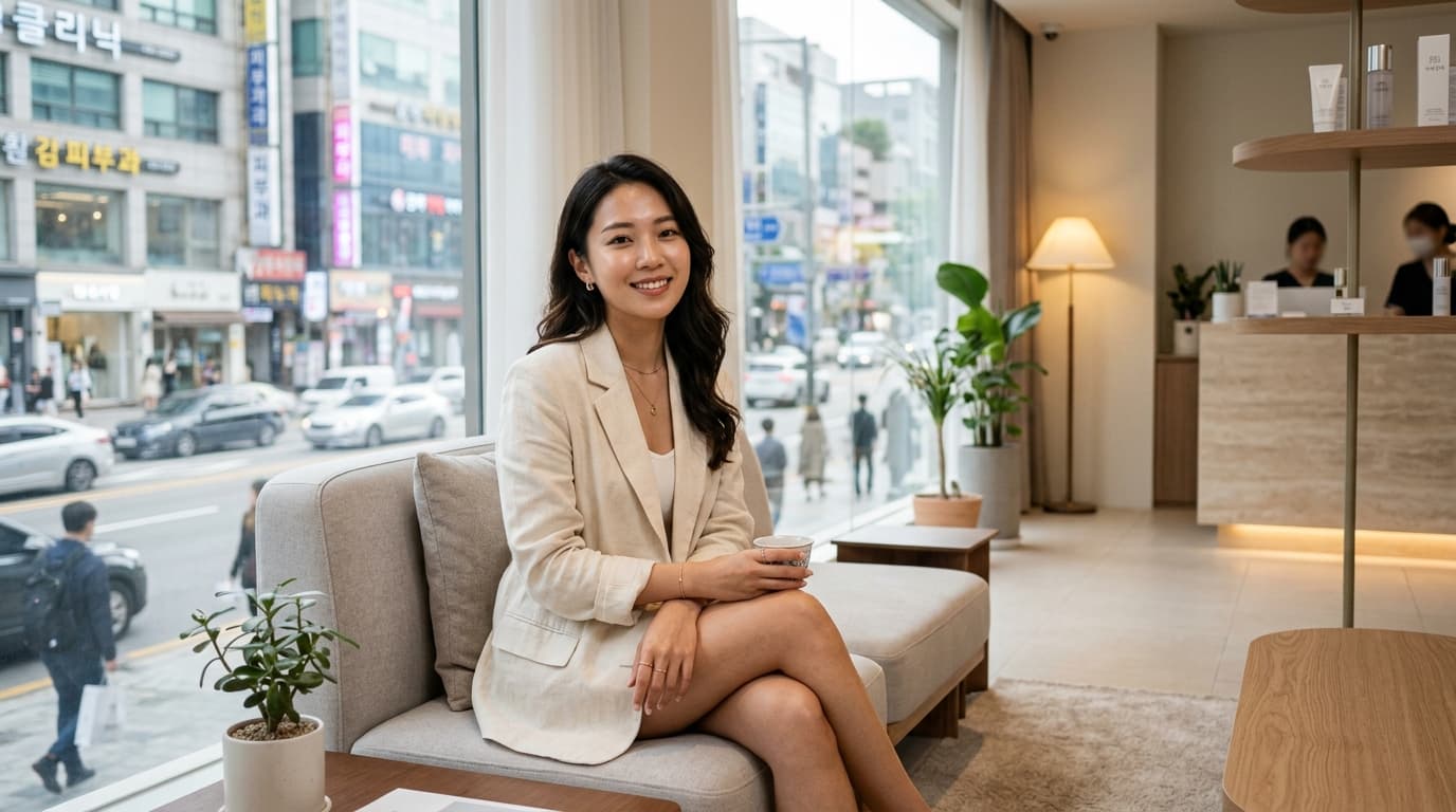 台灣女生在首爾現代醫美診所接受童顏針諮詢,窗外可見首爾街景