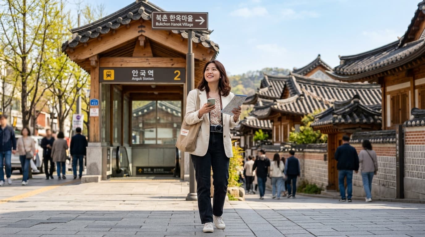 台灣女生在首爾安國站2號出口,手持手機導航前往北村韓屋村