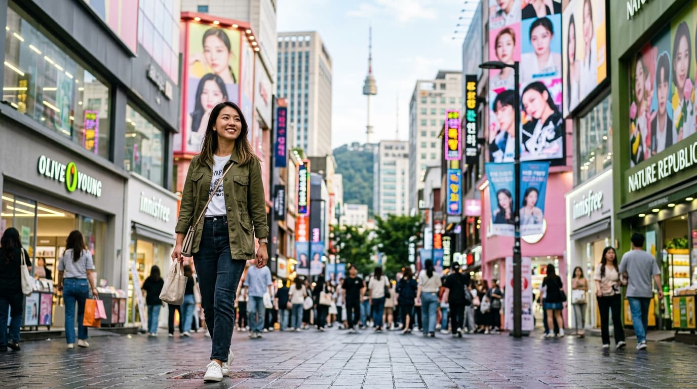 台灣女生在首爾明洞街頭,身旁是美妝店與K-POP廣告的熱鬧場景