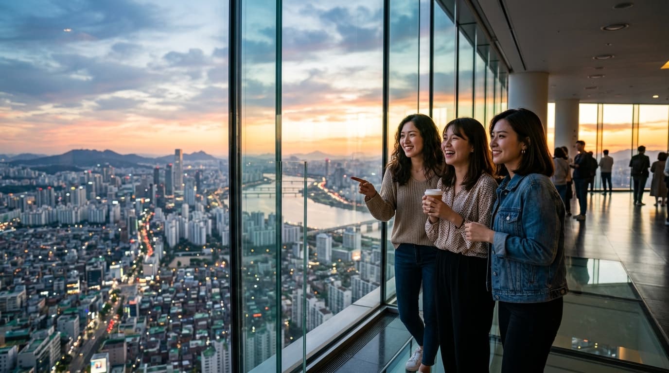 台灣女生在樂天世界塔首爾天空觀景台俯瞰首爾天際線