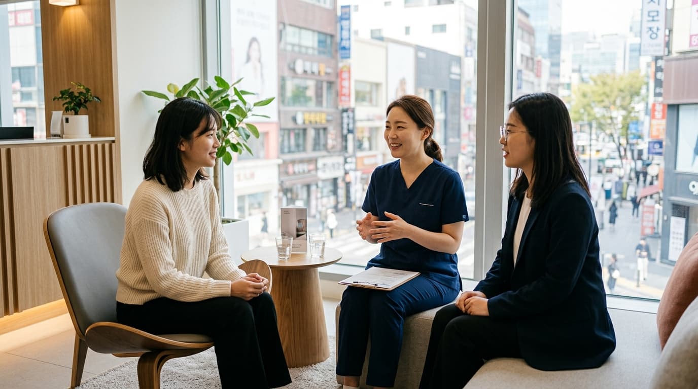 台灣女生在首爾診所由中文翻譯陪同接受醫美諮詢