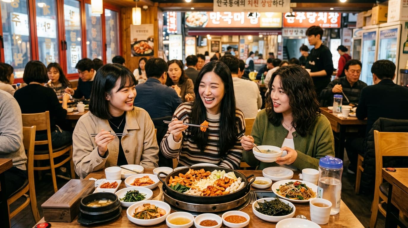 台灣女生在首爾明洞餐廳享受韓國美食的熱鬧現場