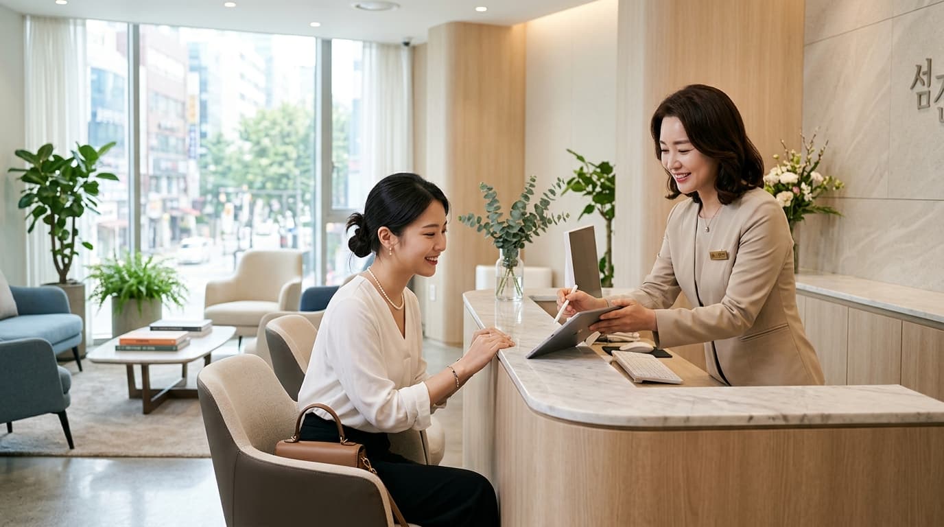 首爾現代整形診所櫃台,台灣女性在櫃台諮詢,環境明亮專業