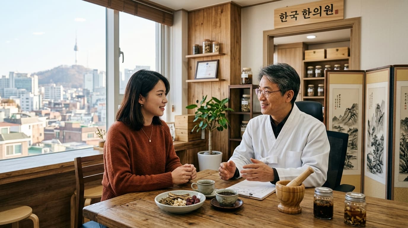 台灣女生在首爾現代韓醫診所諮詢韓方減肥,桌上有草藥,環境明亮