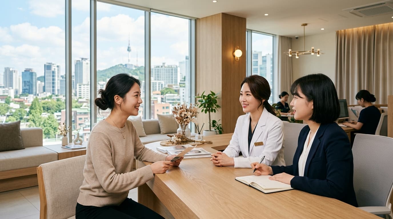 首爾現代醫美診所大廳,台灣女生與韓國諮詢師及翻譯員諮詢中