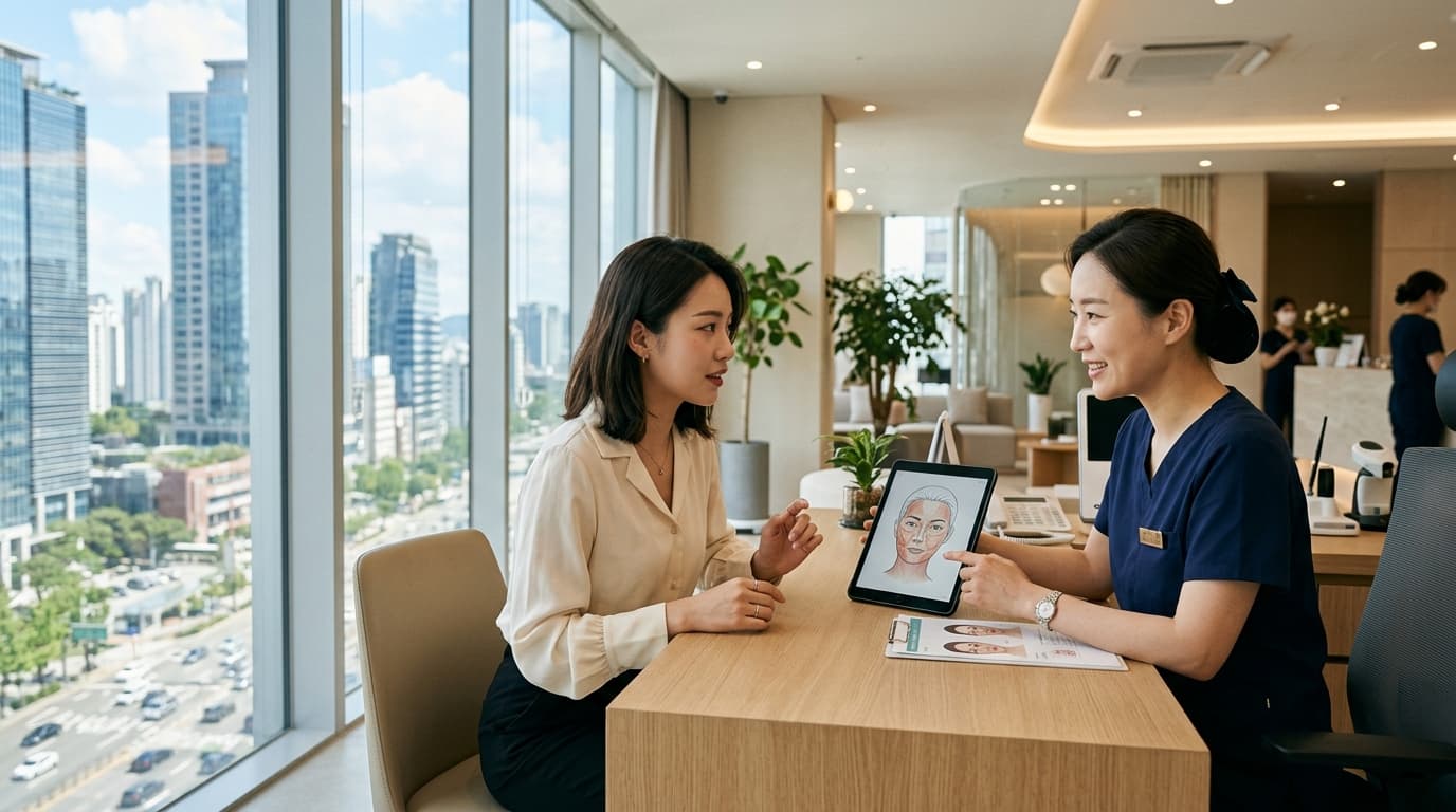 台灣女生在首爾江南醫美診所諮詢隆鼻的情景