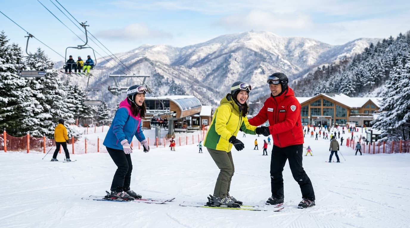 台灣女生在首爾近郊滑雪場與教練學習滑雪,背景為雪山與現代滑雪設施