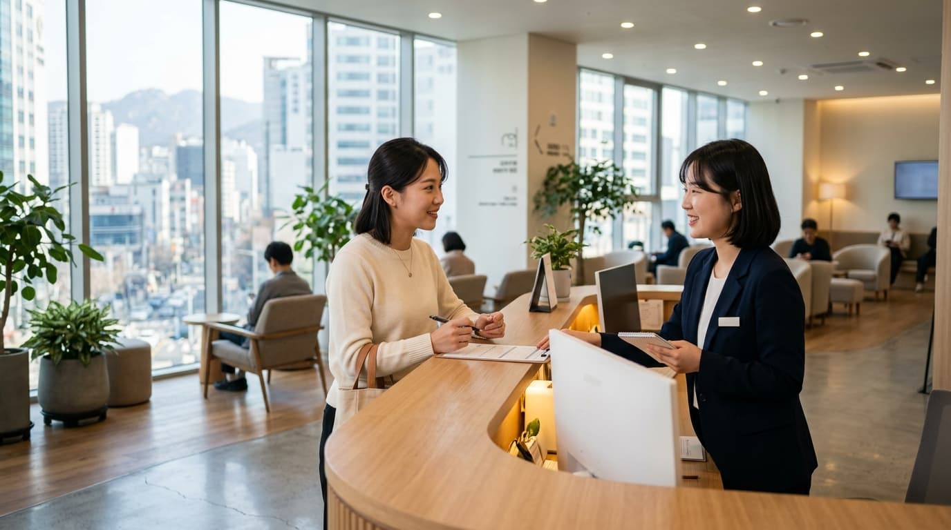 首爾現代眼科診所內,有台灣女生與韓國翻譯在櫃檯諮詢