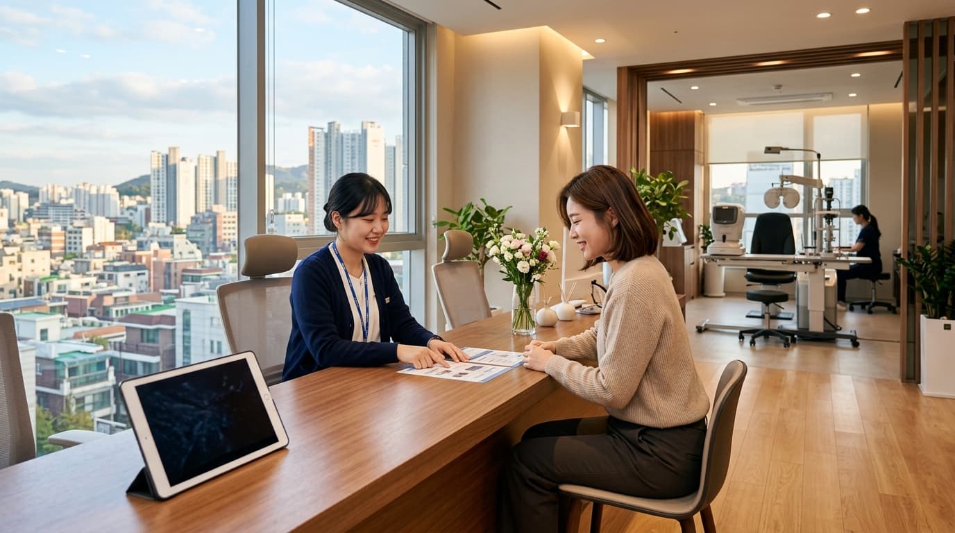 韓國現代眼科診所內部,年輕女性在中文翻譯陪同下諮詢