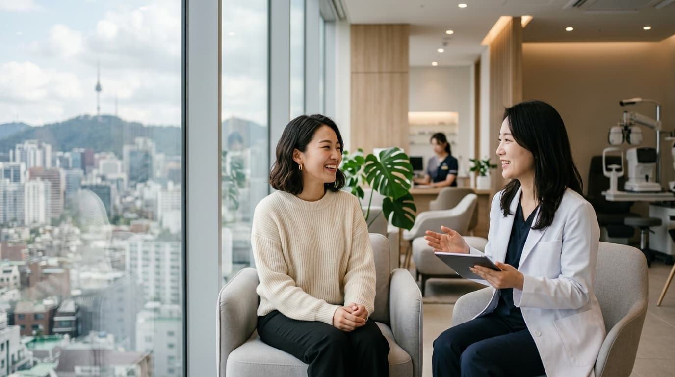 台灣女生在首爾現代眼科診所接受諮詢,窗外可見市區街景
