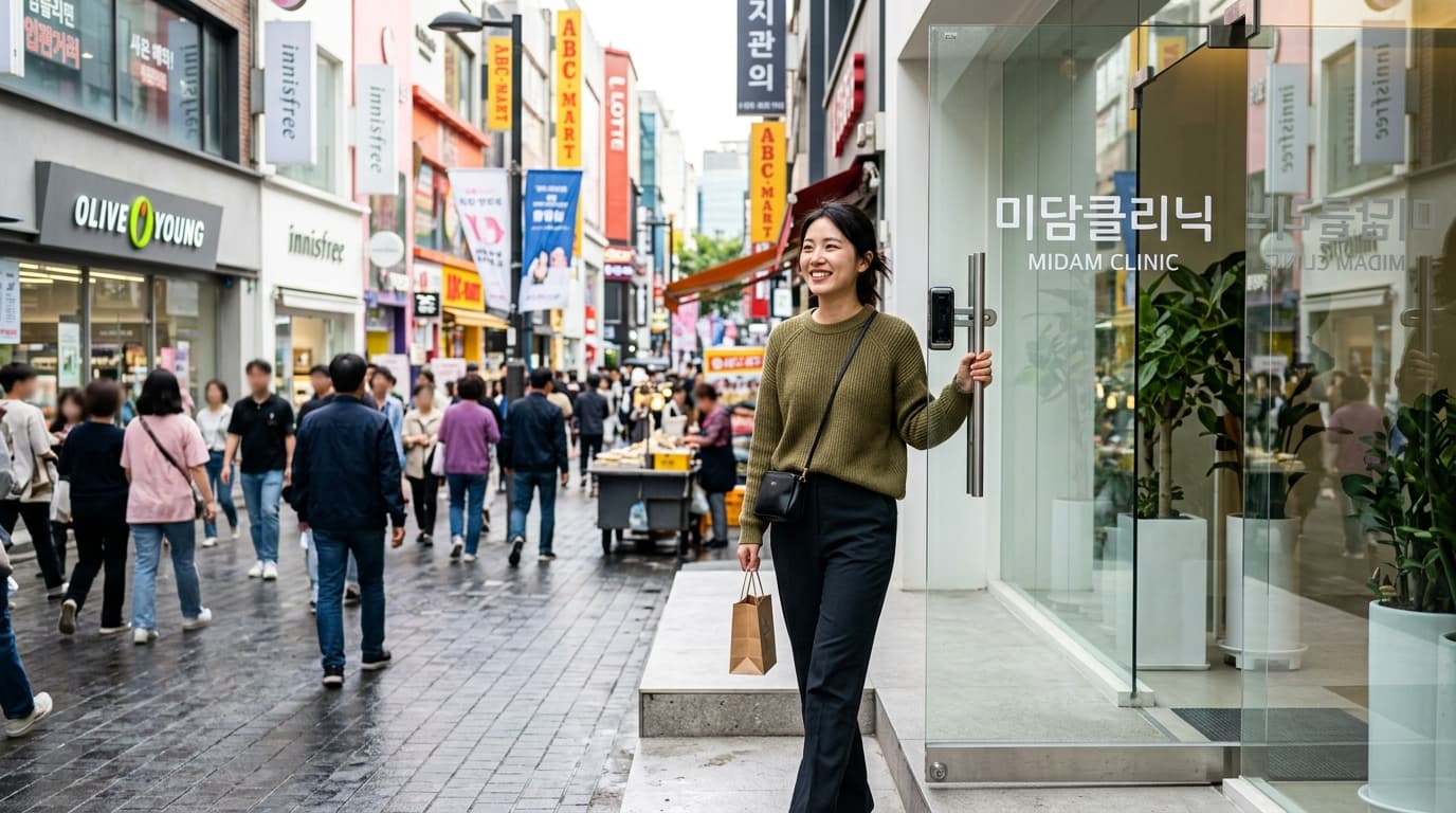台灣女生走出首爾現代感醫美診所,背景是明洞熱鬧街景