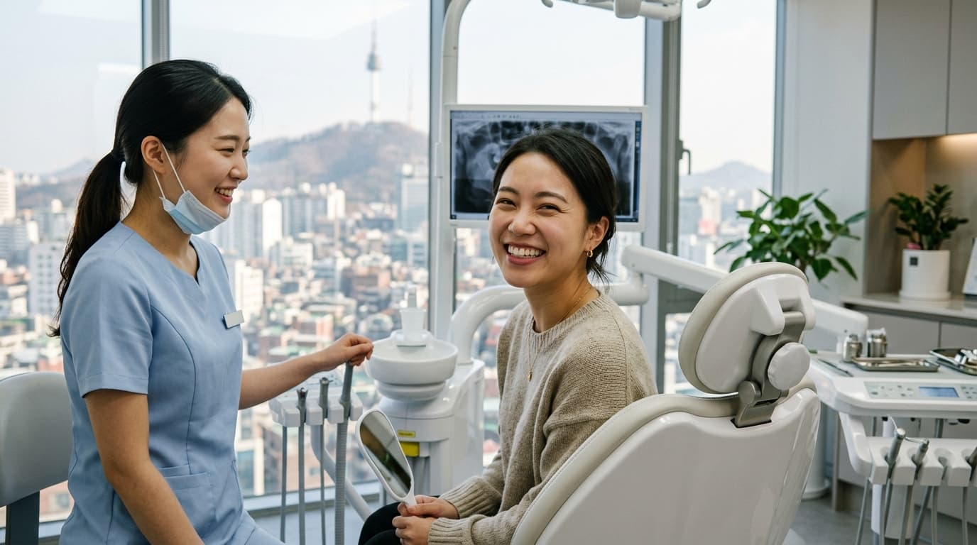 台灣女生在首爾現代牙科診所接受牙齒美白治療,與韓國牙醫微笑合影
