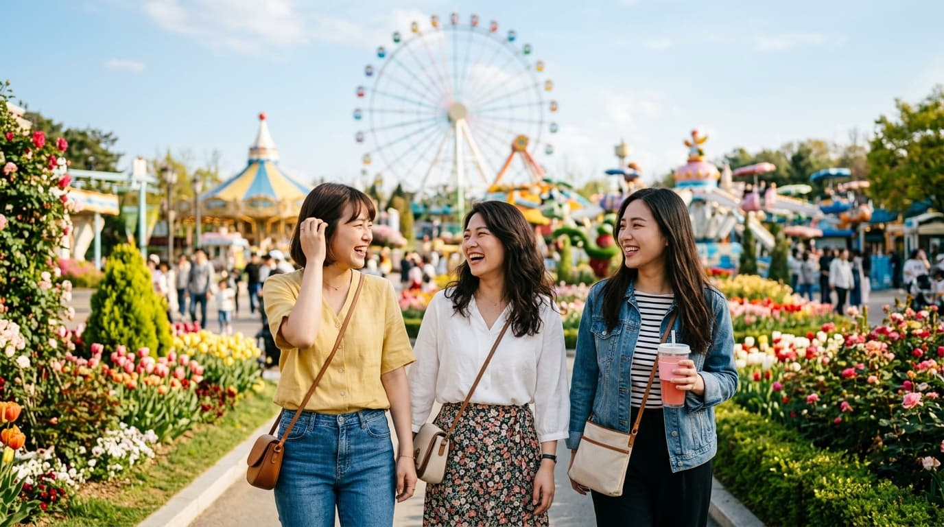 台灣女生在韓國愛寶樂園遊玩,背景有亮麗花園與遊樂設施
