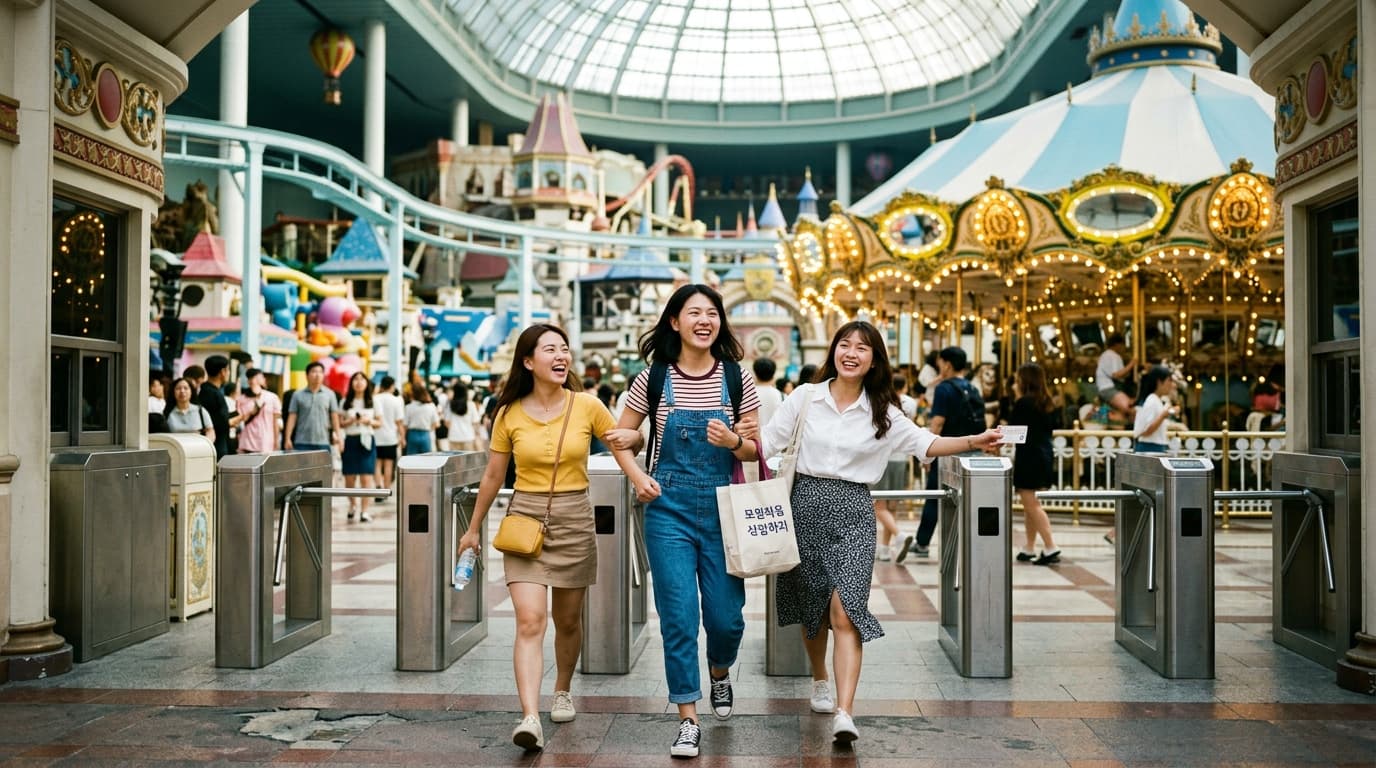 台灣女生進入首爾樂天世界主題樂園,背景是經典旋轉木馬