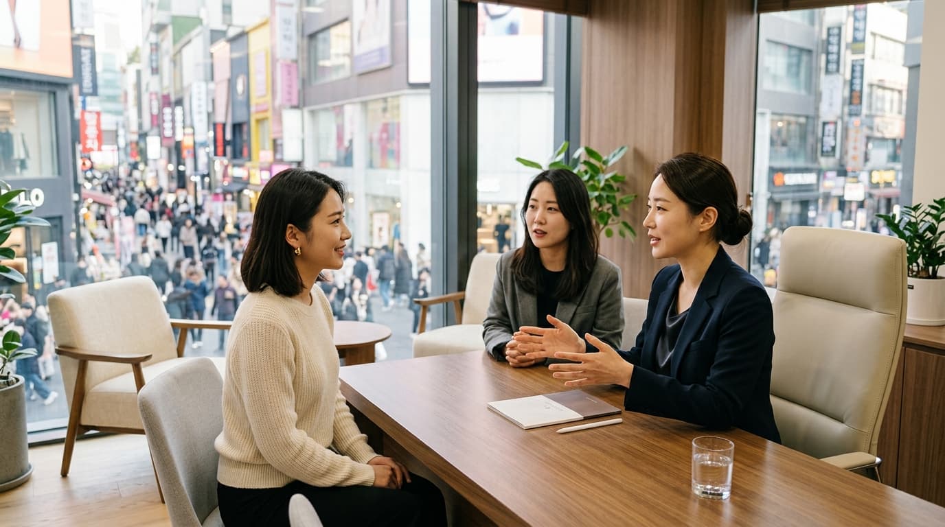 台灣女生在首爾醫美診所與醫師及中文翻譯諮詢,窗外可見明洞街景