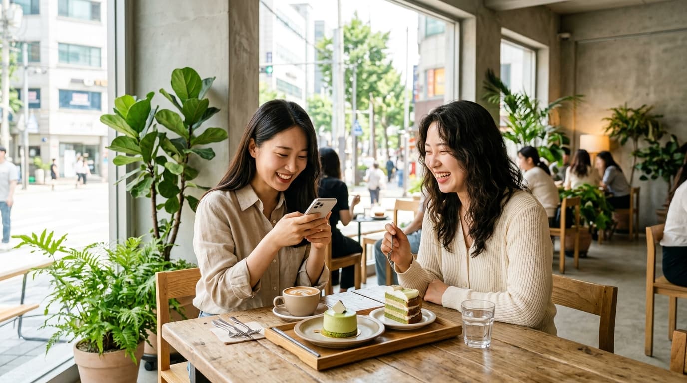 兩位台灣女生在聖水洞咖啡廳享用甜點與拍照的生活感場景