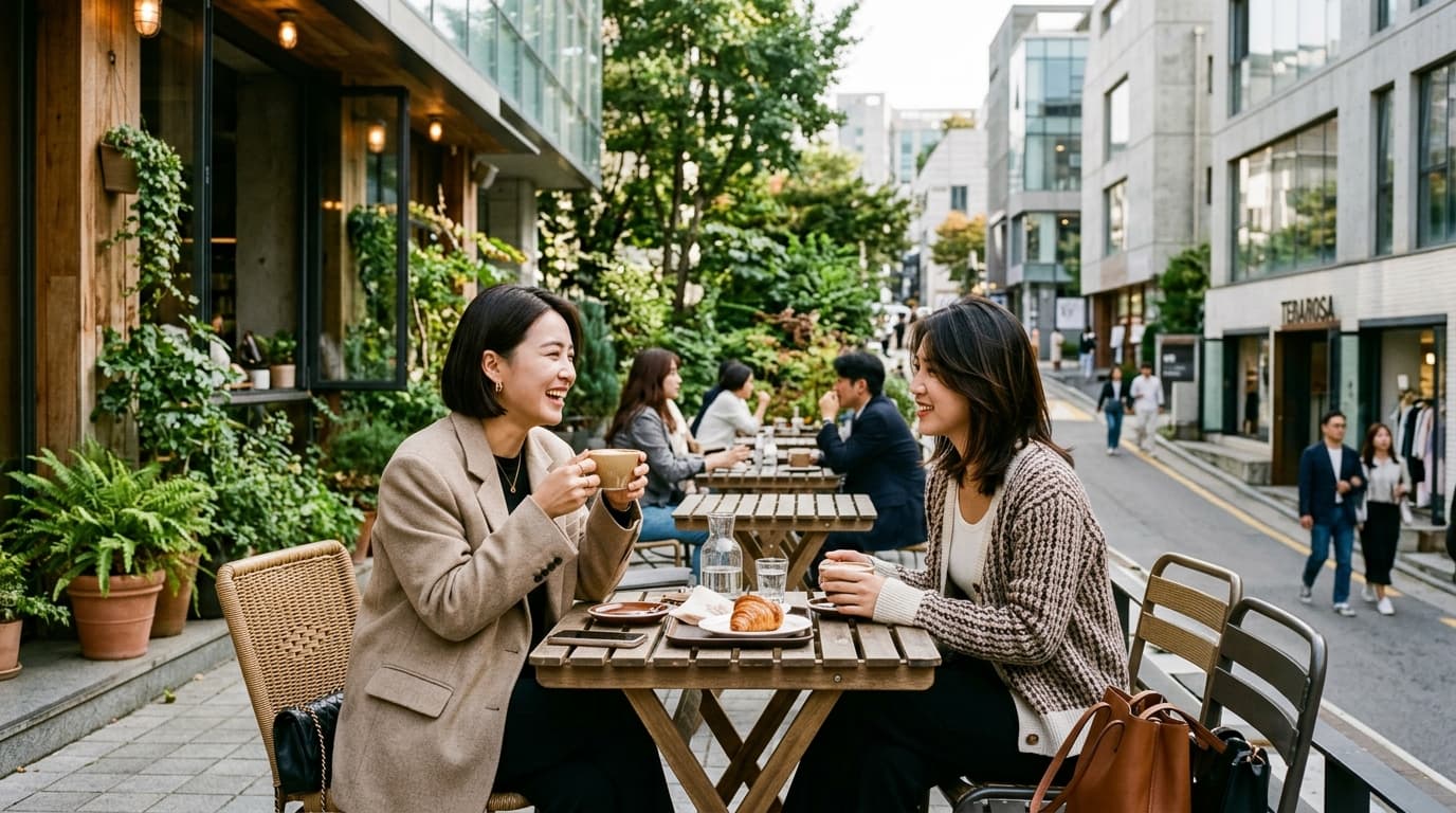 台灣女生在首爾漢南洞潮流咖啡廳外享受咖啡