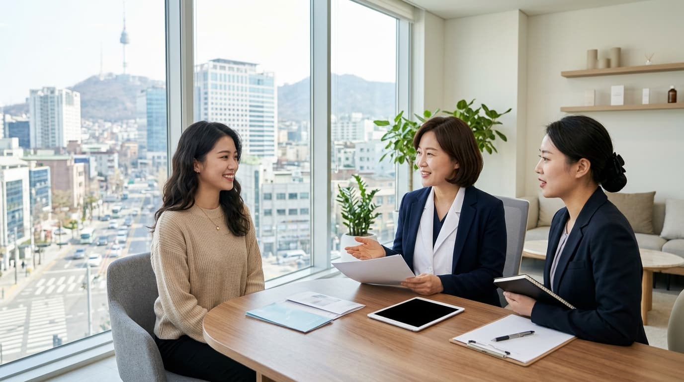 台灣女生在首爾醫美診所裡有中文翻譯陪同諮詢,窗外可見城市景觀