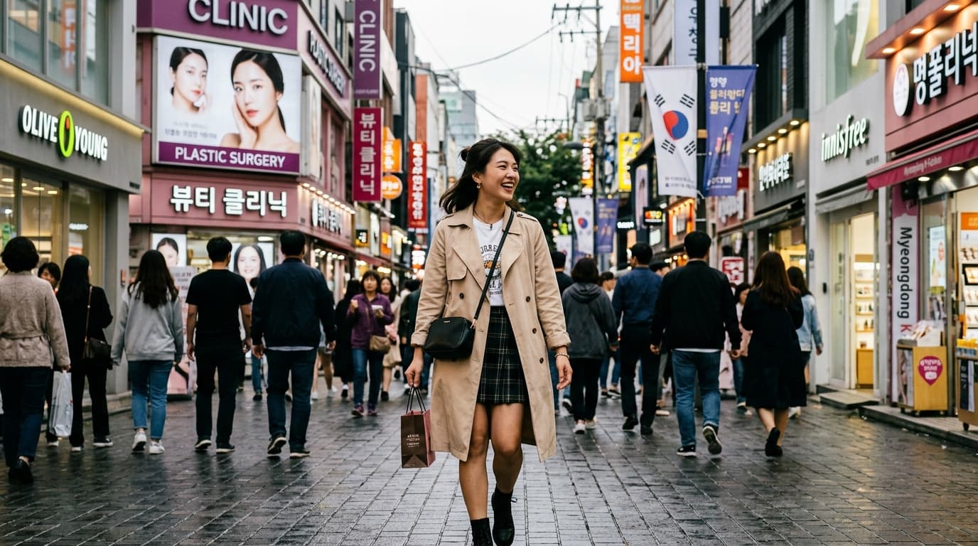 台灣女生在首爾明洞逛街,旁邊是韓國醫美診所的街景