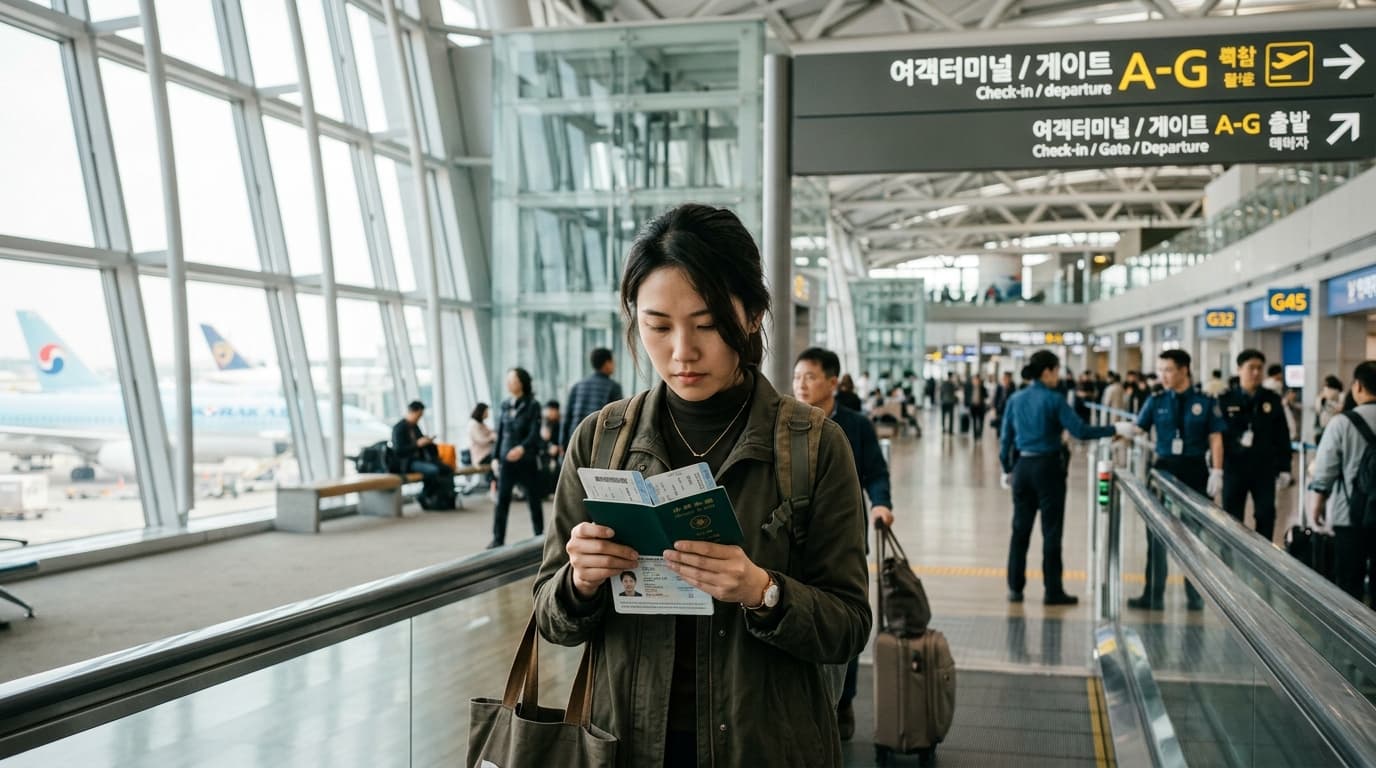 台灣女生在仁川國際機場檢查護照與旅遊文件,背景有韓文機場指示牌
