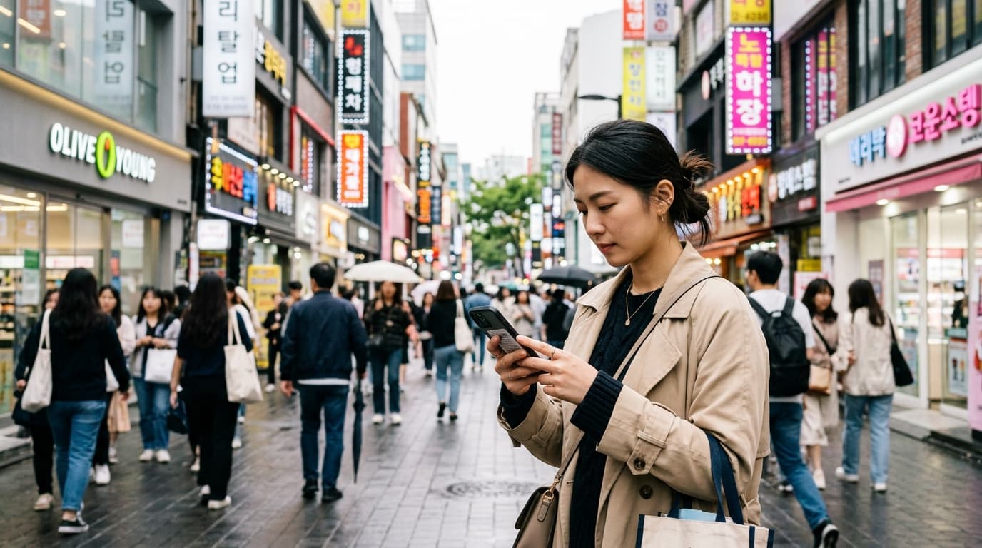 台灣女生在首爾明洞街頭查看手機,即時掌握國際新聞