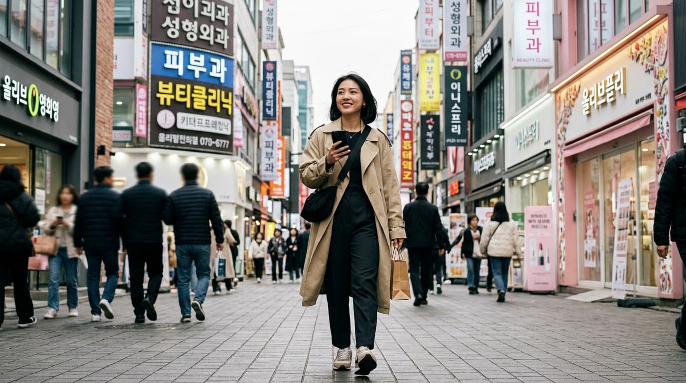 台灣女生自信地走在首爾明洞街頭,背景可見韓式醫美診所招牌