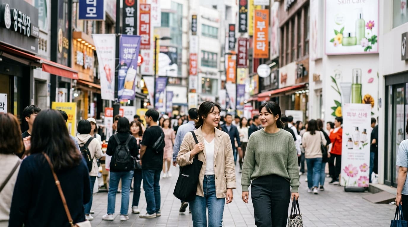 台灣女生在首爾明洞逛街,背景有醫美診所與韓國街景