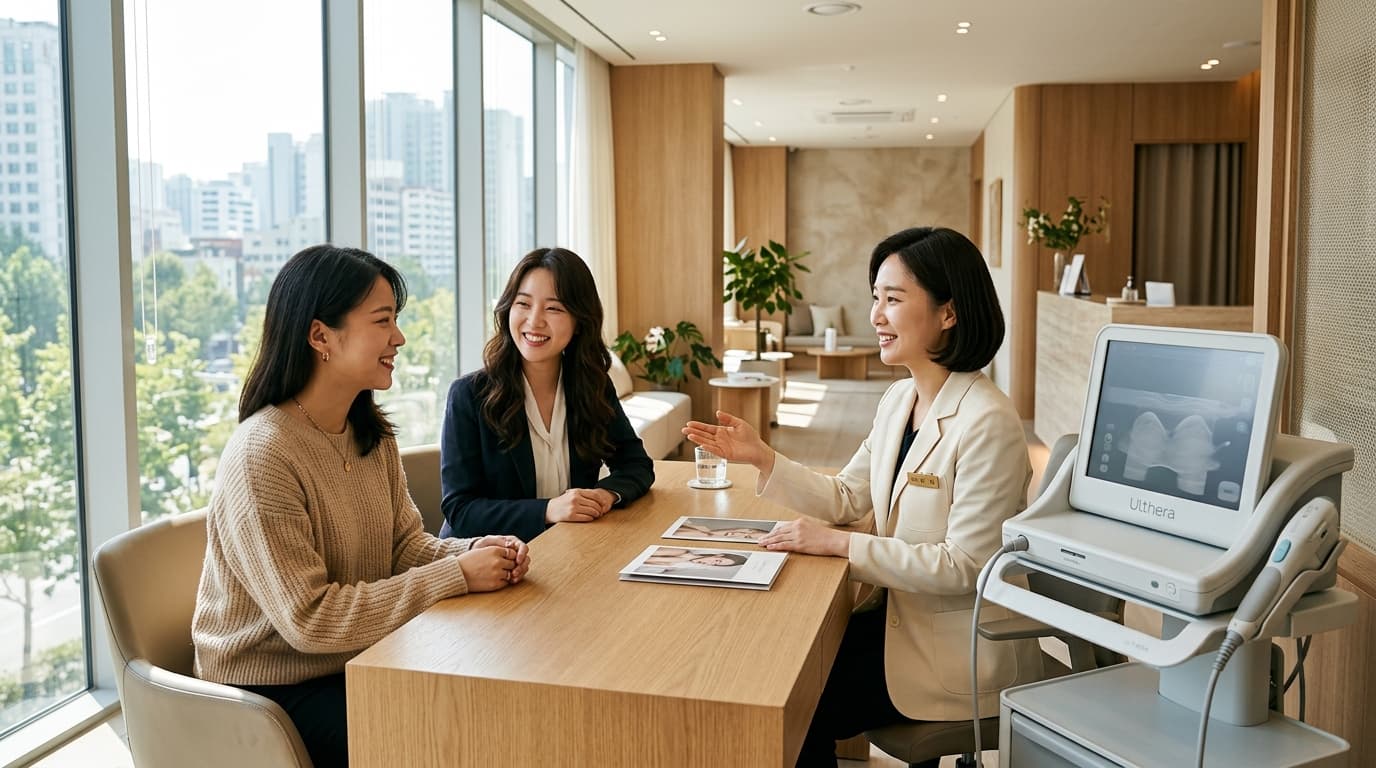 韓國診所內部,台灣女生與韓國醫護及中文翻譯一起諮詢音波拉提