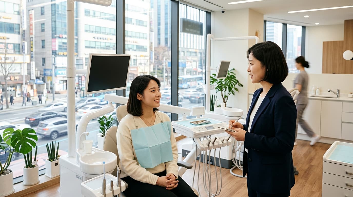 首爾現代牙科診所內,年輕台灣女性正進行陶瓷貼片諮詢,有中文翻譯隨行