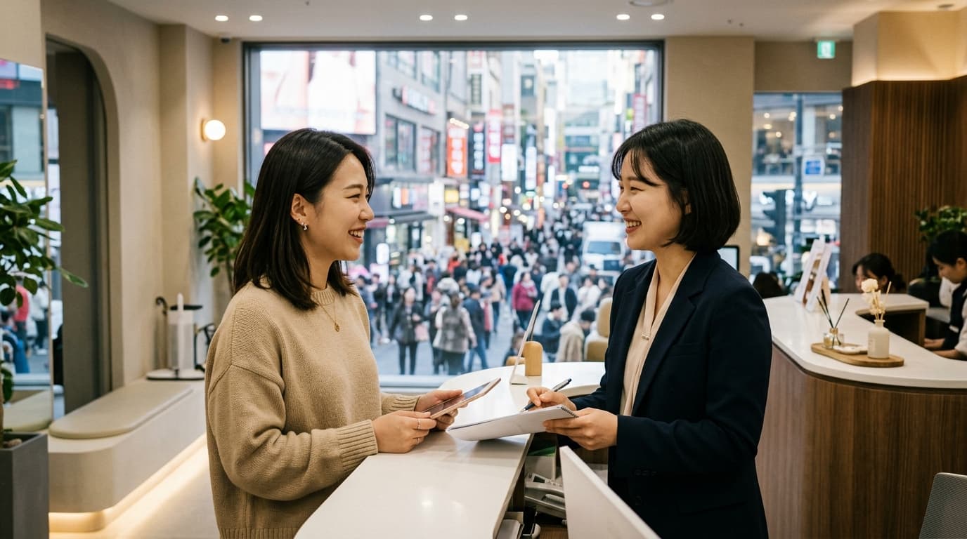 台灣女生在首爾現代醫美診所櫃台,旁有中文翻譯,自然光下可見明洞街景