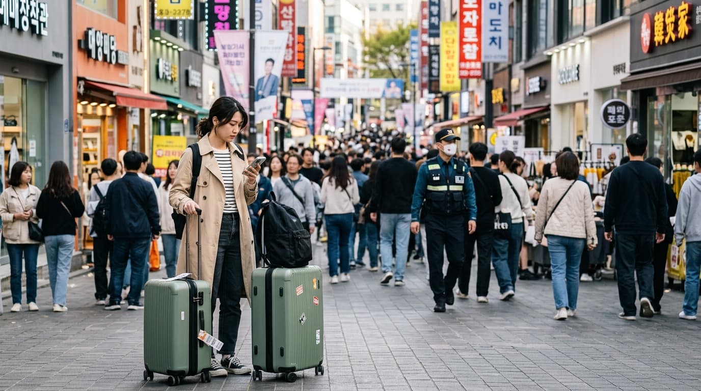 一位台灣女生在首爾明洞街頭查看手機,背景有警察巡邏,呈現旅遊安全氛圍