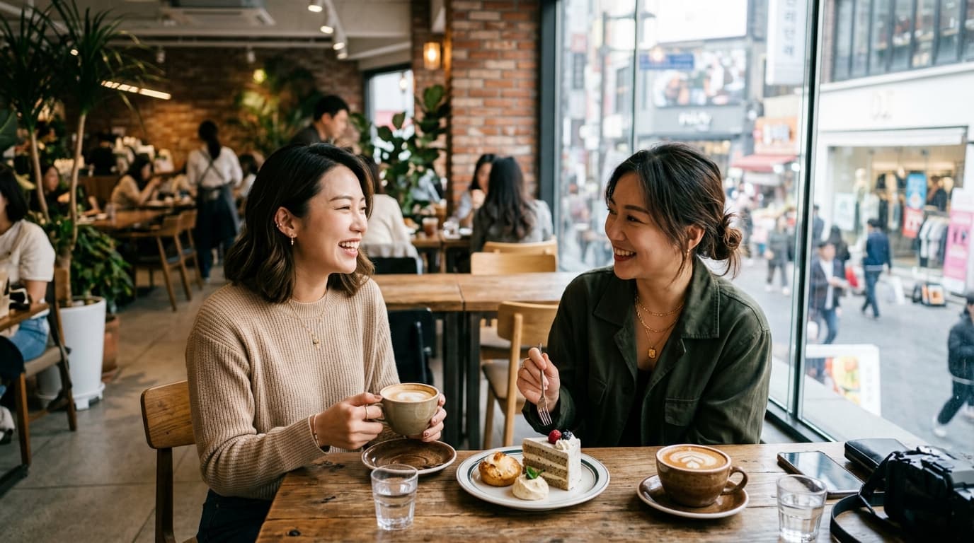 兩位台灣女生在明洞咖啡廳享用甜點與咖啡的自然情景